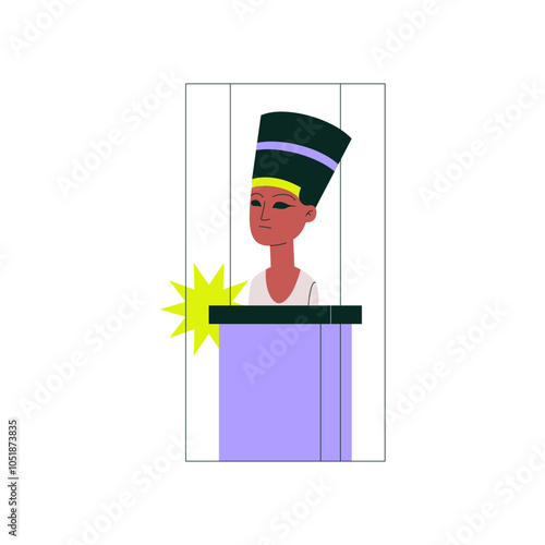 Nefertiti bust with traditional headdress, flat vector illustration symbolizing ancient Egyptian history, archaeology, and cultural heritage, isolated on white background