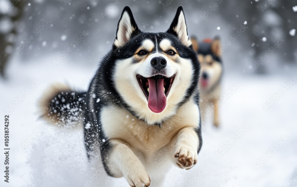 Fototapeta premium Playful Huskies Running Joyfully Through Fresh Snow