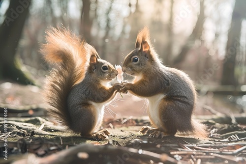 Cute Squirrel Holding Pink Flower in Sunlit Forest photo