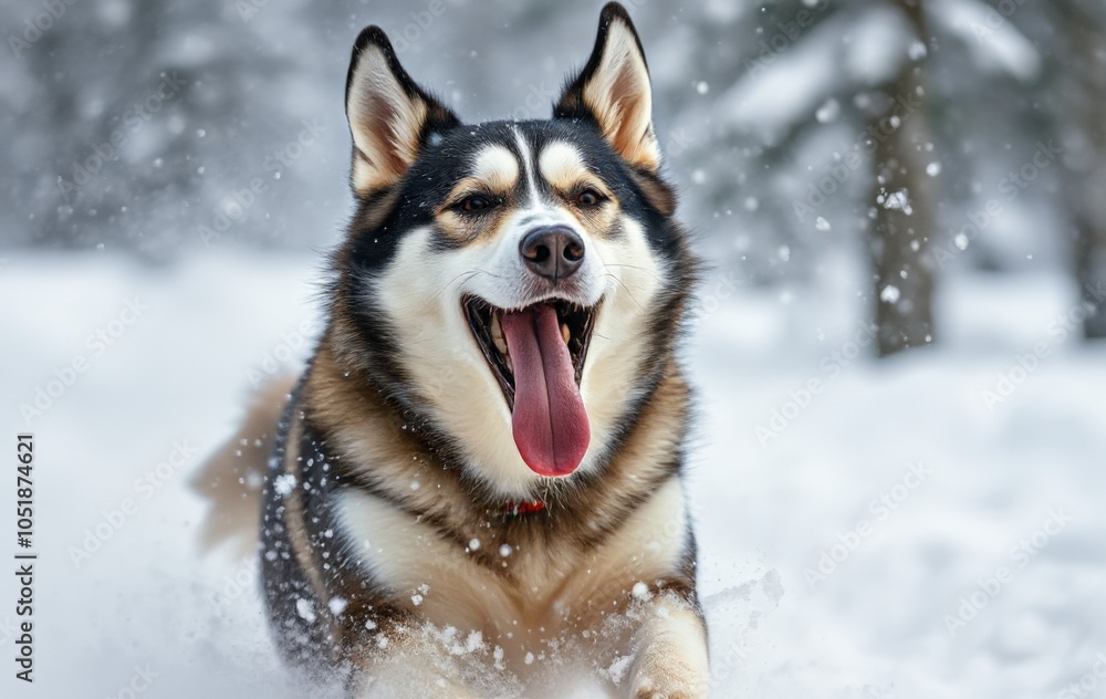 Happy Dog Running Playfully in Snowy Winter Wonderland Happy Dog Running Playfully in Snowy Winter Wonderland