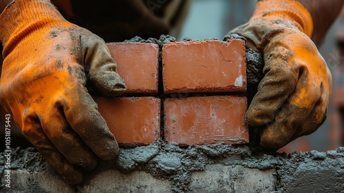 Close-up of bricklaying with worker wearing orange gloves photo