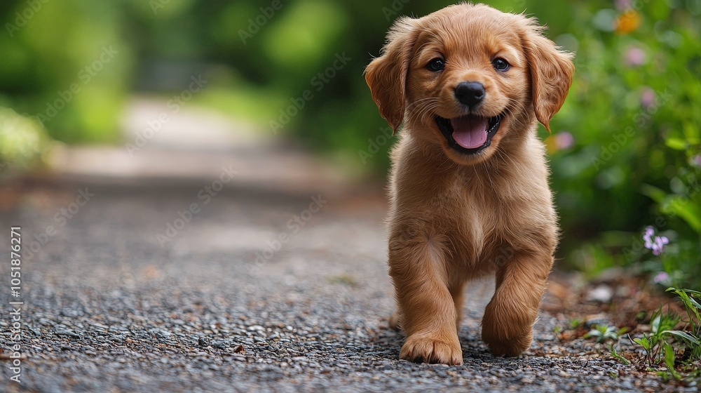 A joyful puppy running along a gravel path surrounded by greenery and flowers. A joyful puppy running along a gravel path surrounded by greenery and flowers.