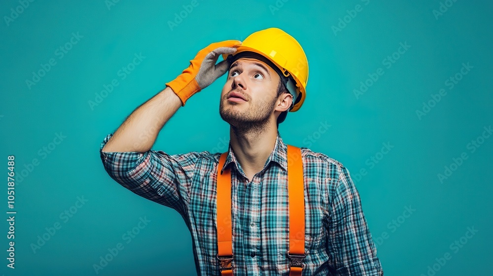Portrait of a construction worker with yellow hard hat and orange suspenders Portrait of a construction worker with yellow hard hat and orange suspenders