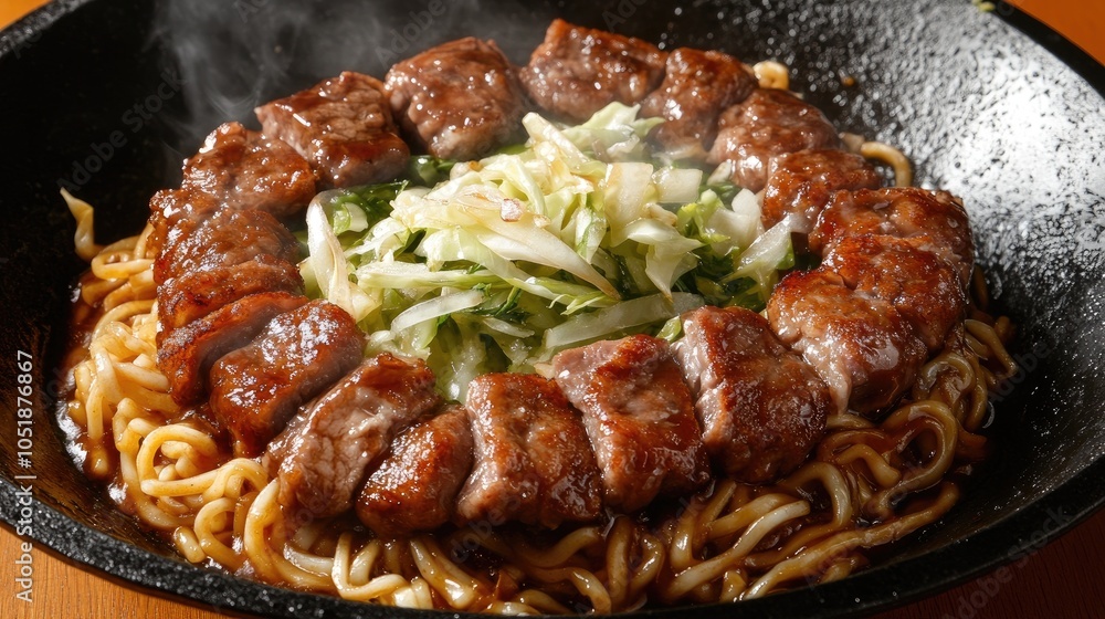 Delicious Yakisoba Noodles Cooked in Wok with Meat Delicious Yakisoba Noodles Cooked in Wok with Meat