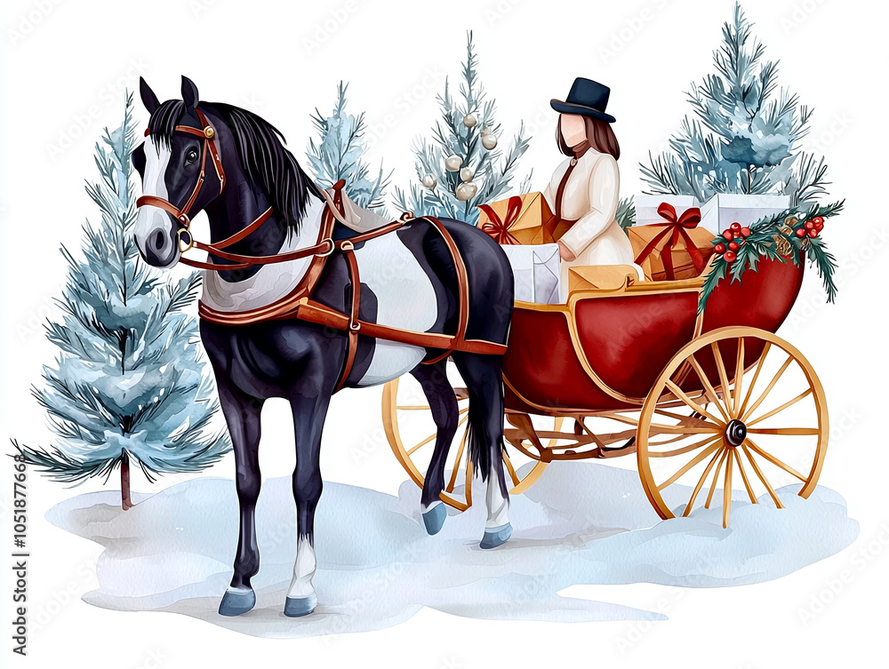 festive horse drawn carriage adorned with gifts and surrounded by snowy ...
