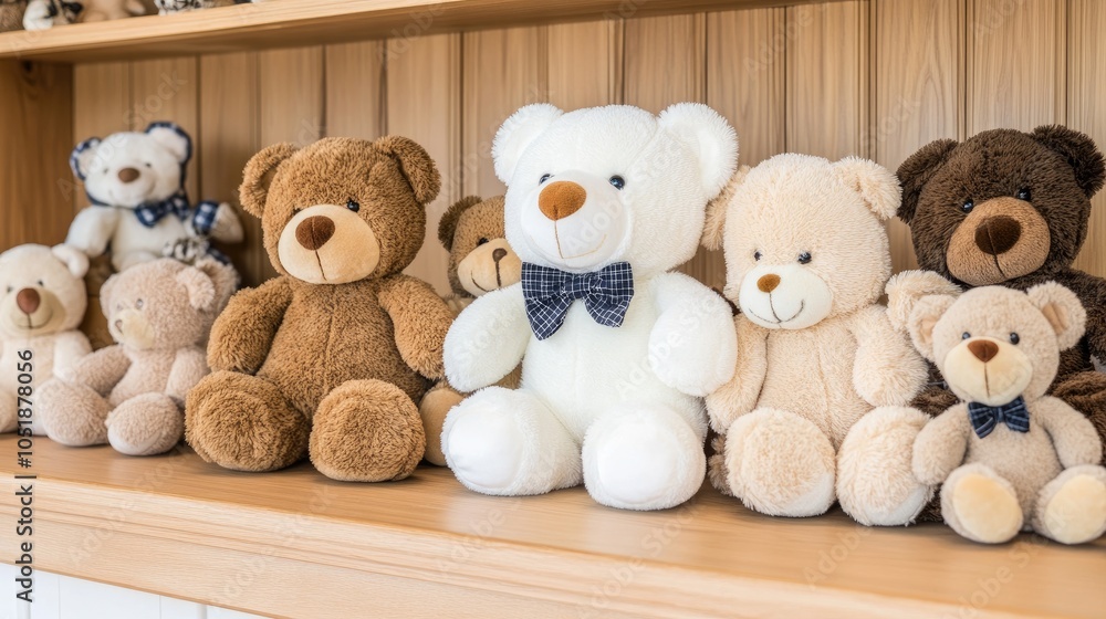 Rows of adorable teddy bears and white plush toys with bow ties fill the shelves of a cozy gift shop Rows of adorable teddy bears and white plush toys with bow ties fill the shelves of a cozy gift shop