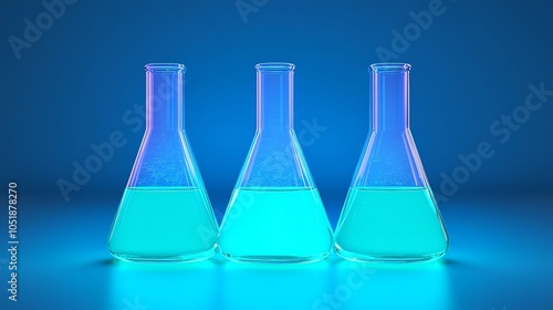 Three laboratory flasks filled with vibrant blue liquid, illuminated against a glowing blue background, creating a scientific and modern aesthetic.