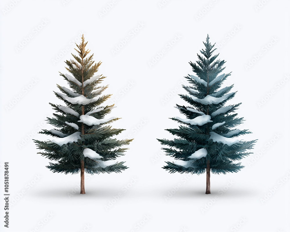 Obraz premium pair of snow covered evergreen trees stand side by side, showcasing their lush green foliage and frosty branches. serene winter scene evokes sense of tranquility and holiday spirit