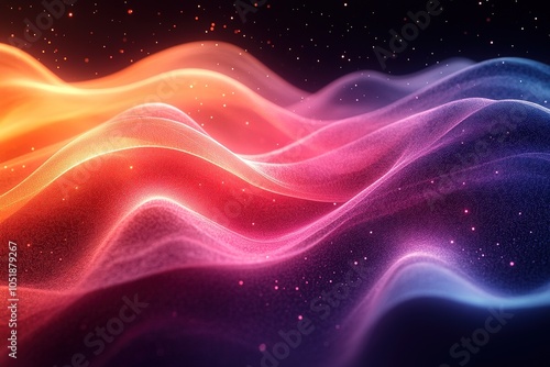 Abstract glowing waves in vibrant pink, orange, and blue hues with a dark background and shimmering particles.
