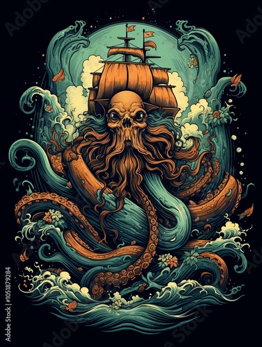 Skull-Faced Kraken Entangles Ship in Waves photo