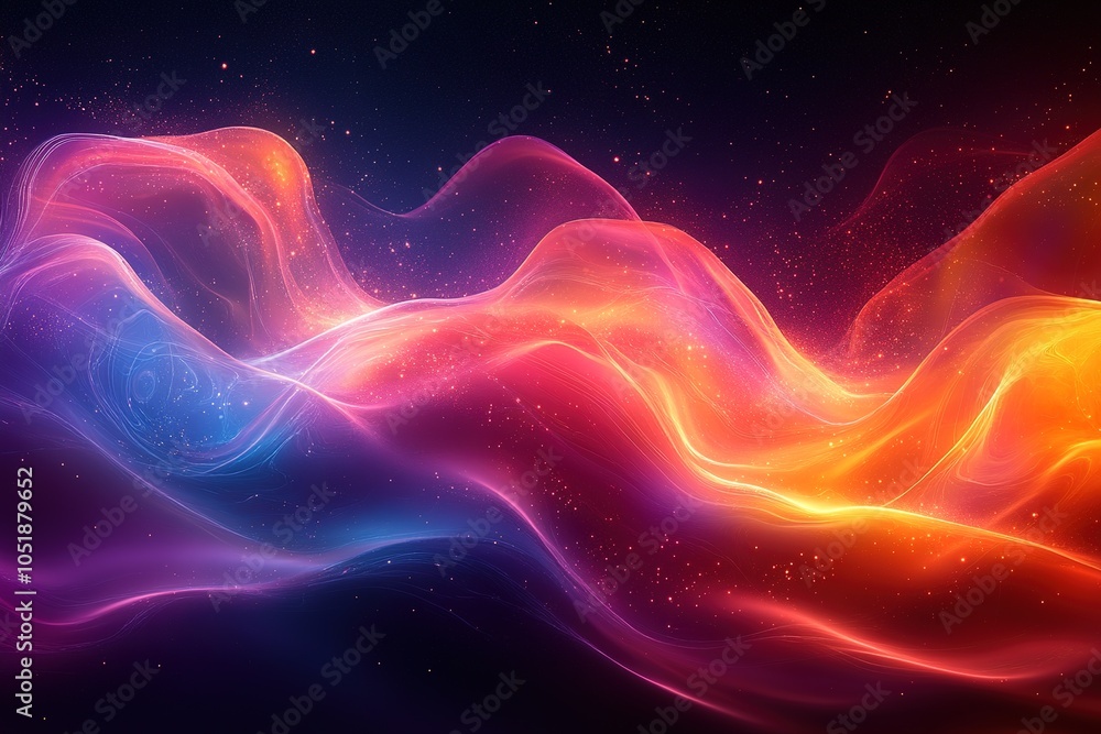 Fototapeta premium Abstract glowing waves of red, orange, and blue with dark background and sparkling particles.