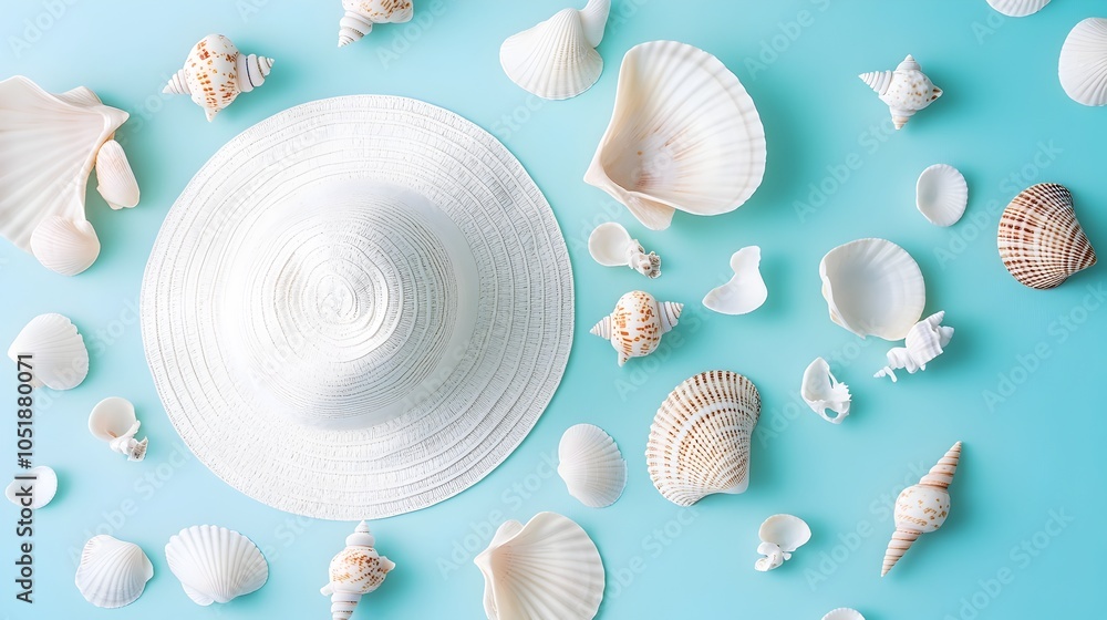 Summery Flat Lay of Beach Hat and Seashells on Pastel Blue Background Summery Flat Lay of Beach Hat and Seashells on Pastel Blue Background
