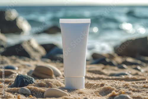 White plastic tube cream mockup on sandy beach with ocean and rocks photo