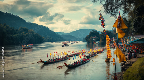 Bon Om Touk, colorful long boats line up on the river as the race begins, rowers row in perfect synchronization, Ai generated images photo