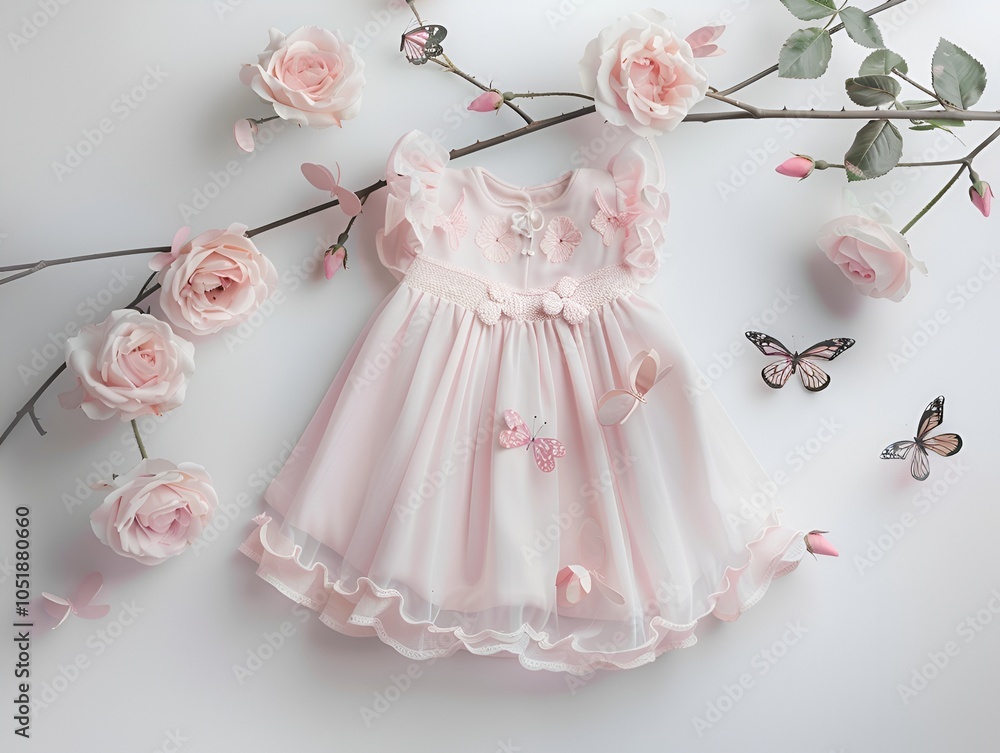 Baby dress in soft pink with fluttering butterflies, set against a branch of pink roses on a spotless white background. 40k, full ultra hd, high resolution Baby dress in soft pink with fluttering butterflies, set against a branch of pink roses on a spotless white background. 40k, full ultra hd, high resolution