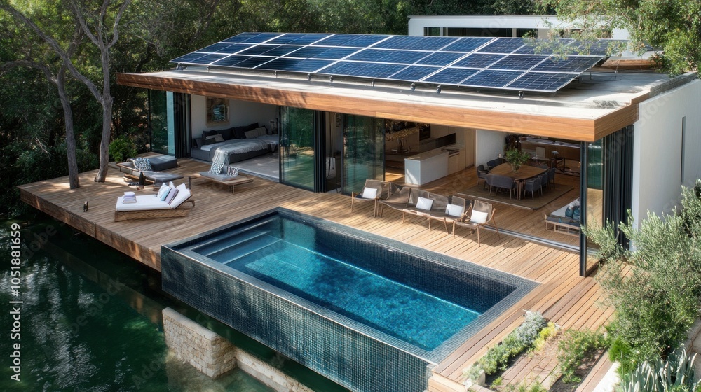 Fototapeta premium An aerial picture of a contemporary house that emphasizes luxury and sustainability with a clear blue pool, a wooden deck area with outdoor furniture, and solar panels on the roof