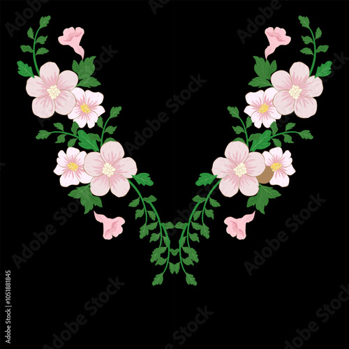 Embroidery flower round neck line patch composition for t-shirt design. Floral print for textile and fabric vintage tribal illustration isolated on black background.