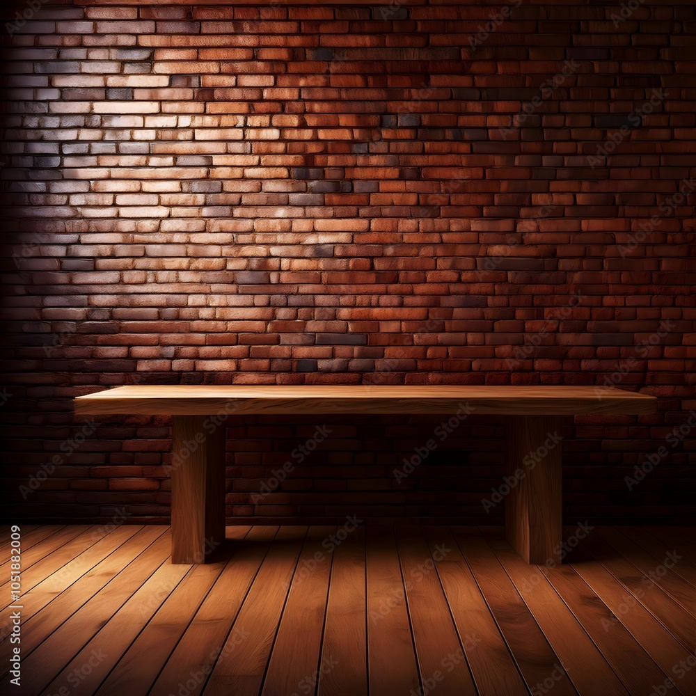 an empty wooden table in front of a brick wall with a copy space.Selective focus.Wood table top on dark brick wall background an empty wooden table in front of a brick wall with a copy space.Selective focus.Wood table top on dark brick wall background