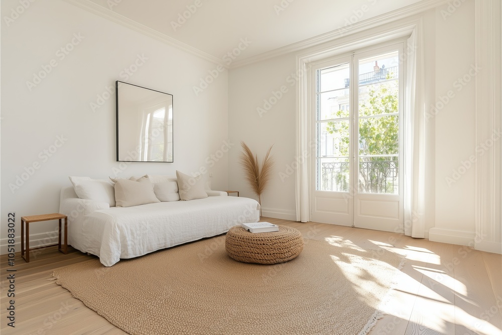 Fototapeta premium Modern Minimalist Living Room: A Spacious Room with Clean Lines and Natural Light