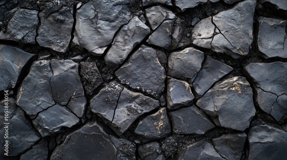 Fototapeta premium Cracked black stone surface, rough texture, geological formation, natural pattern