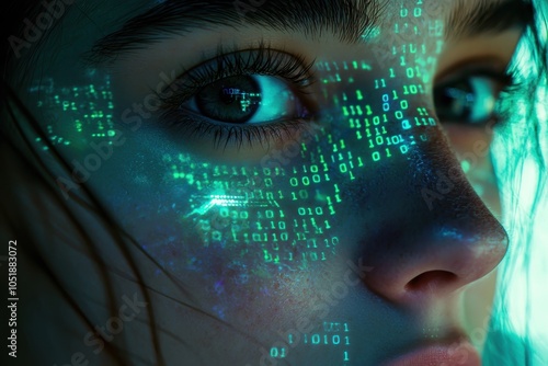 Close-up of a young woman’s face with digital code projections, symbolizing the fusion of human and technology. Ideal for themes of artificial intelligence, digital identity, and futuristic concepts. photo