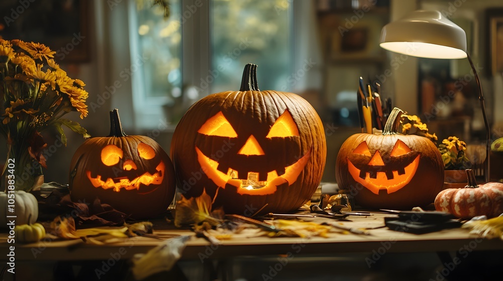 Fototapeta premium 21. A pumpkin carving station with tools and various designs, ready for Halloween fun