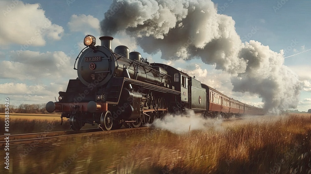 A classic black steam locomotive in motion, with its wheels spinning and smoke trailing behind, set against a countryside landscape. A classic black steam locomotive in motion, with its wheels spinning and smoke trailing behind, set against a countryside landscape.