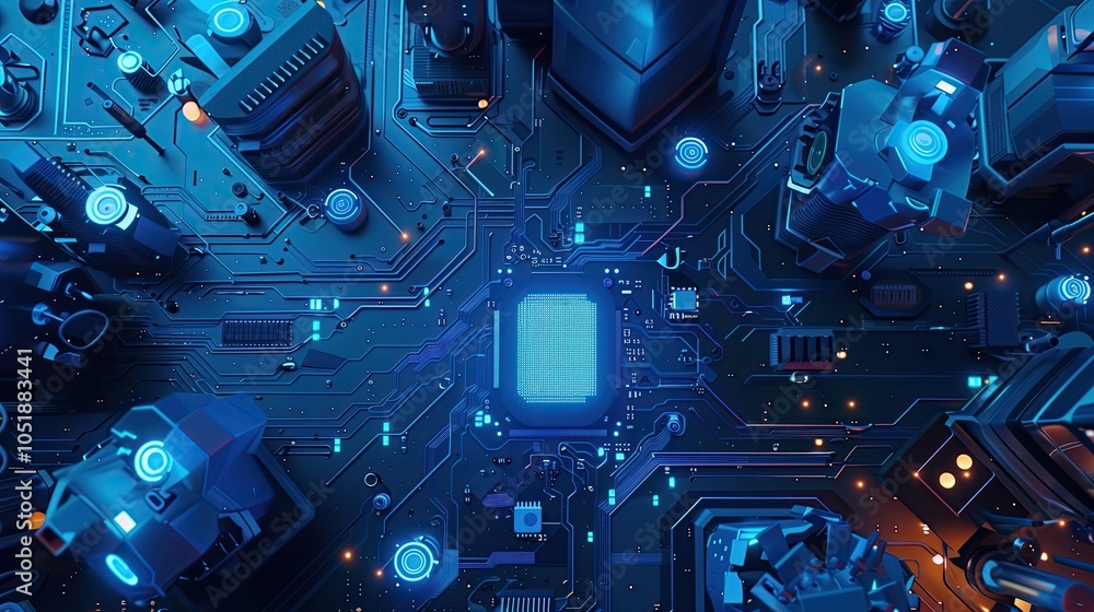Fototapeta premium Digital Brain: A Circuit Board with a Glowing Processor