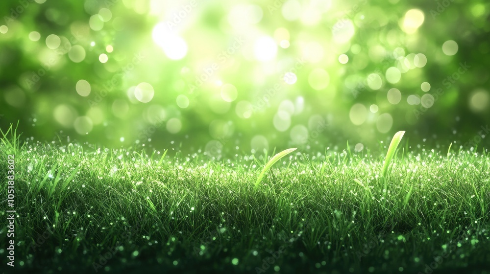 Obraz premium Lush green grass with dew glistens under a soft, dreamy bokeh background, AI