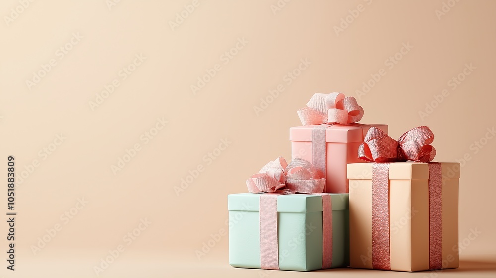 Obraz premium Present with mistletoe decoration, beige background, holiday greeting card concept