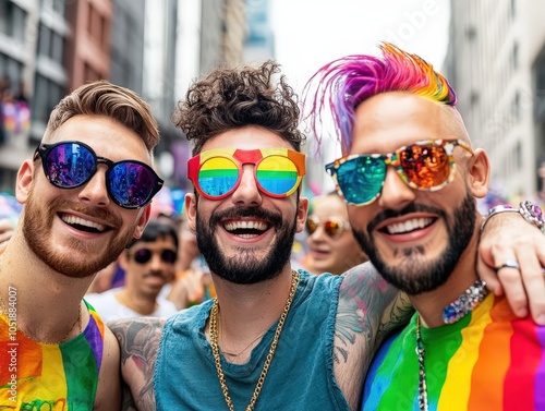 Group of three men joyfully embracing at outdoor event, adorned in vibrant rainbow clothing and reflective sunglasses, celebrating pride and diversity with big smiles. photo