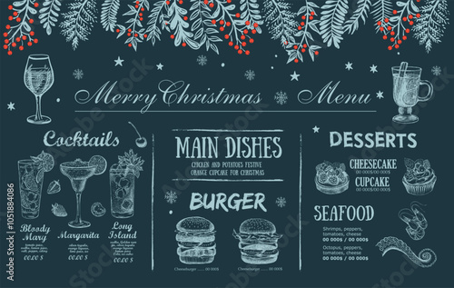 Christmas and New Year menu cafe. Template design. Hand drawn illustrations. Vector.