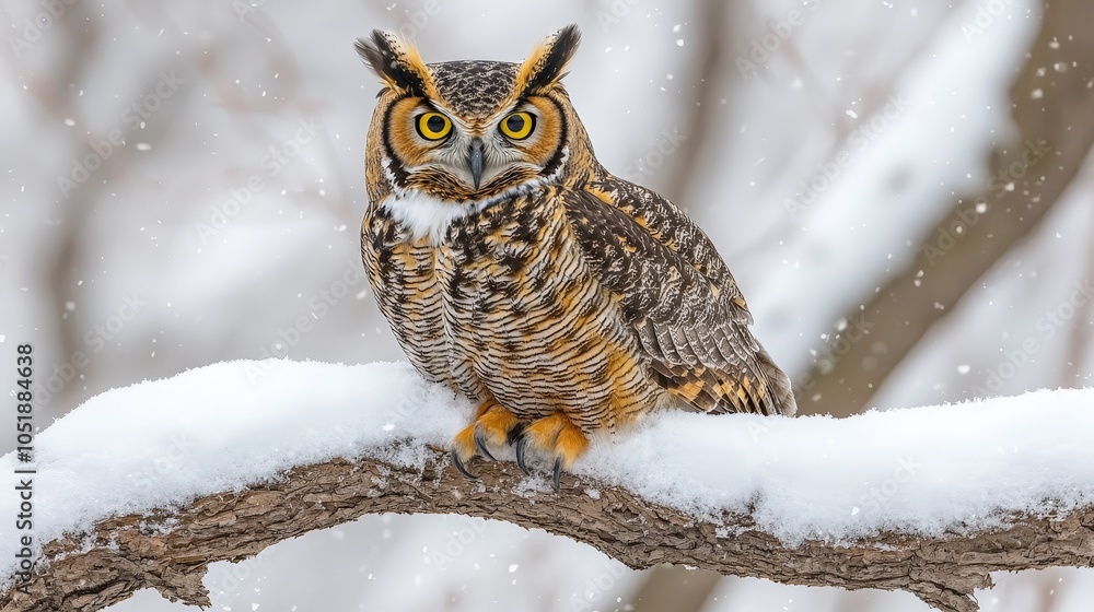 A majestic owl perched on a snowy branch, showcasing its striking features and habitat. A majestic owl perched on a snowy branch, showcasing its striking features and habitat.