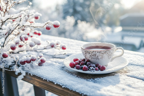 A cup of tea and winter atmosphere around it generative ai photo