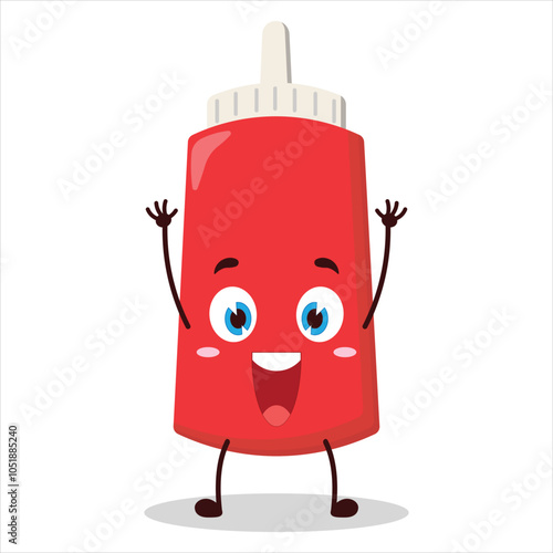 cute rise hand happy expression of tomato sauce bottle character