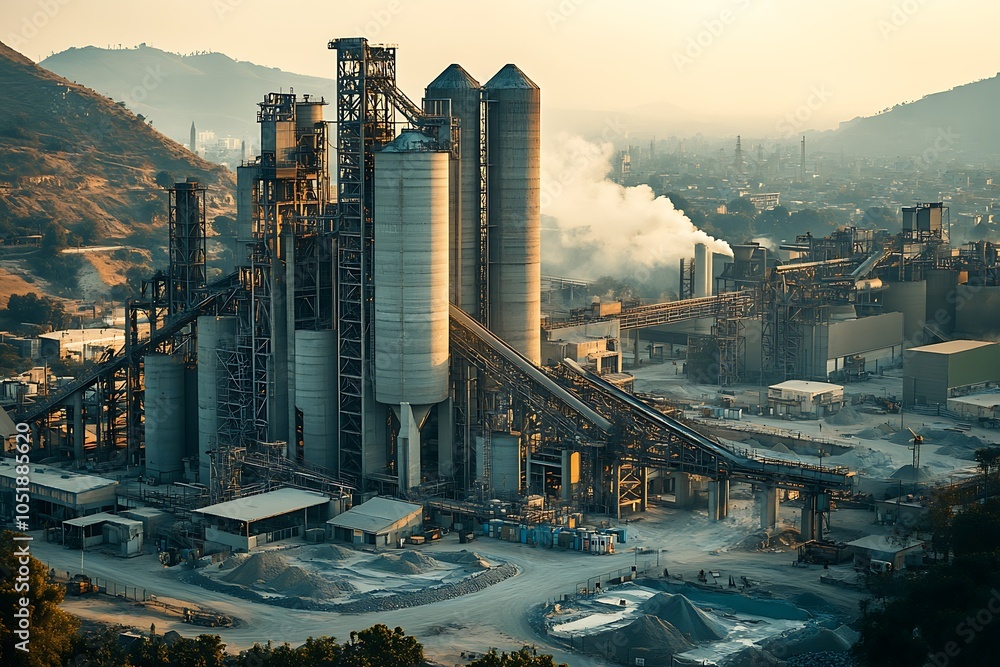 Fototapeta premium Industrial facility with silos and smoke in the background.