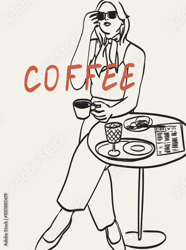 People enjoy coffee placard, poster or wall art. Woman hold mug or cup with americano or tea. Characters drink hot morning beverages, cappuccino on breakfast at restaurant. Line vintage drawing.