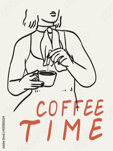 People enjoy coffee placard, poster or wall art. Woman hold mug or cup with americano or tea. Characters drink hot morning beverages, cappuccino on breakfast at restaurant. Line vintage drawing.