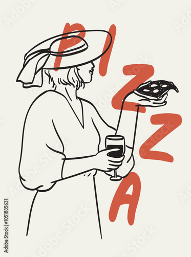 Minimalist hand drawn food and beverages vector illustration. Woman with glass of wine and pizza retro drawing. Art for greeting cards, poster design, postcards, branding, logo design, background.