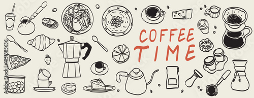 Vector illustration of food and coffee icons in chalk, crayon drawing style. Hand draw la dolce vita breakfast doodles. Minimalist line art. Illustration for invitations, menus design, social media.