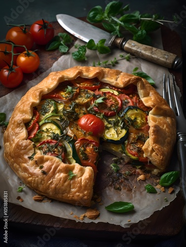 Rustic tomato and courgette khorasan galette for farmhouse dining and culinary inspiration photo