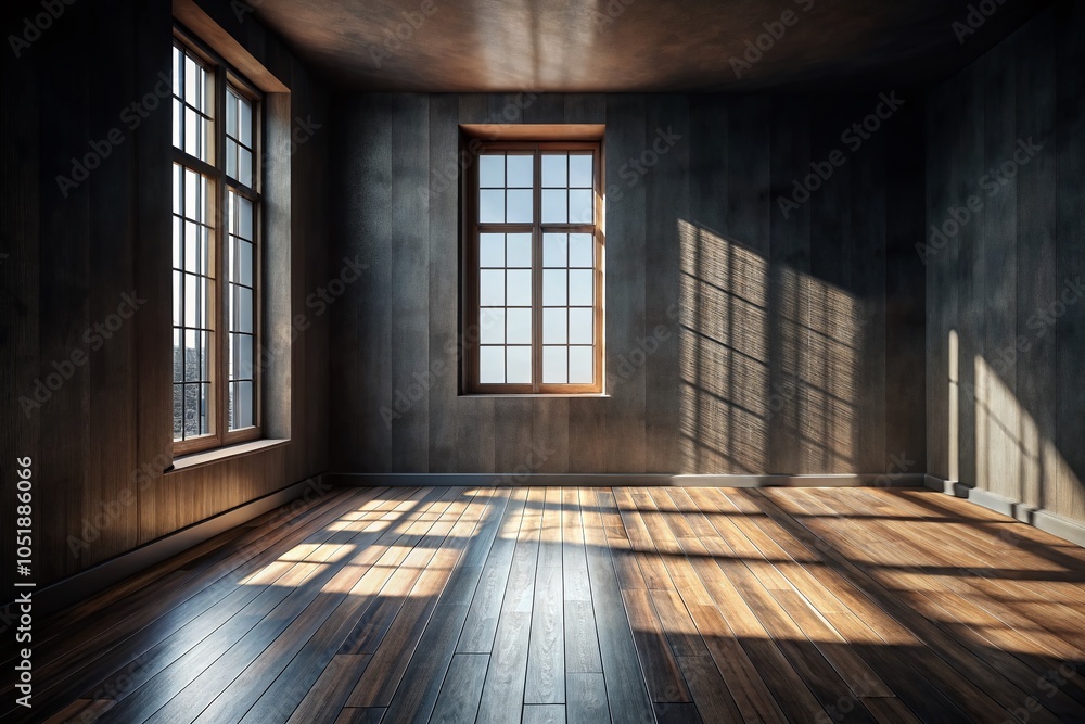 Dark Room with Wooden Floor and Window Shadows for Mockup Use - 3D Rendering Design Element Dark Room with Wooden Floor and Window Shadows for Mockup Use - 3D Rendering Design Element