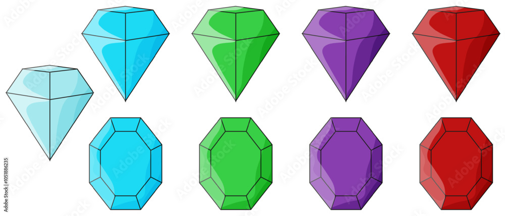 Set flat style precious stones template design isolated white. Collection of faceting diamond topaz emerald ruby. Vector illustration. EPS10 Set flat style precious stones template design isolated white. Collection of faceting diamond topaz emerald ruby. Vector illustration. EPS10