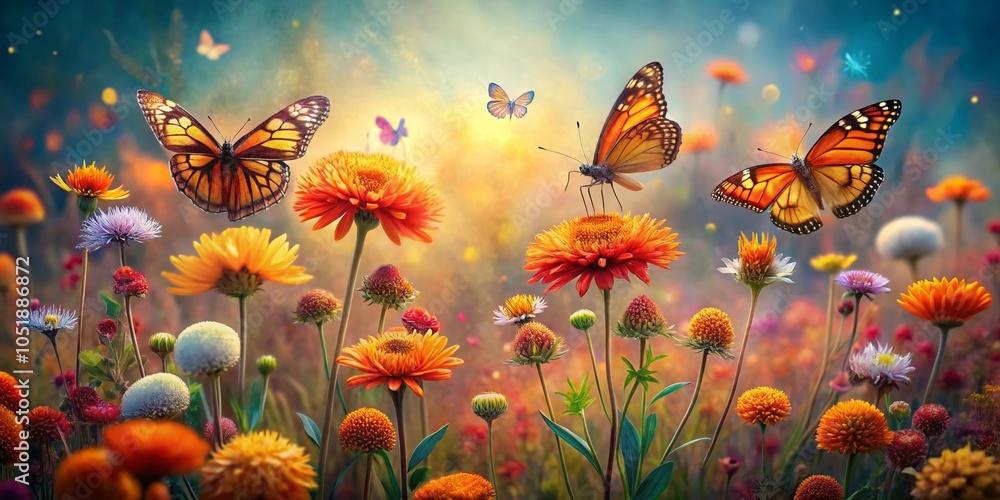Delicate Wildflowers and Orange Butterflies in Oil Paint Style - Nature's Beauty Captured Delicate Wildflowers and Orange Butterflies in Oil Paint Style - Nature's Beauty Captured