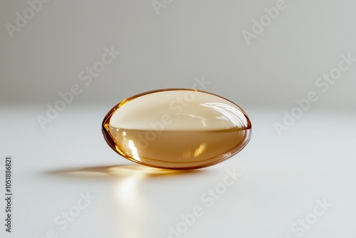 Close-up of a single omega-3 fish oil capsule isolated against a white background, symbolizing health and wellness. Ideal for themes related to supplements, nutrition, and healthcare. photo