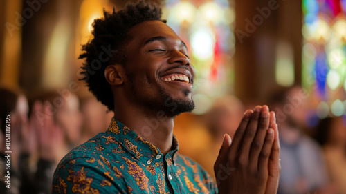 Happy african american male clapping and smiling at a church service in a cathedral