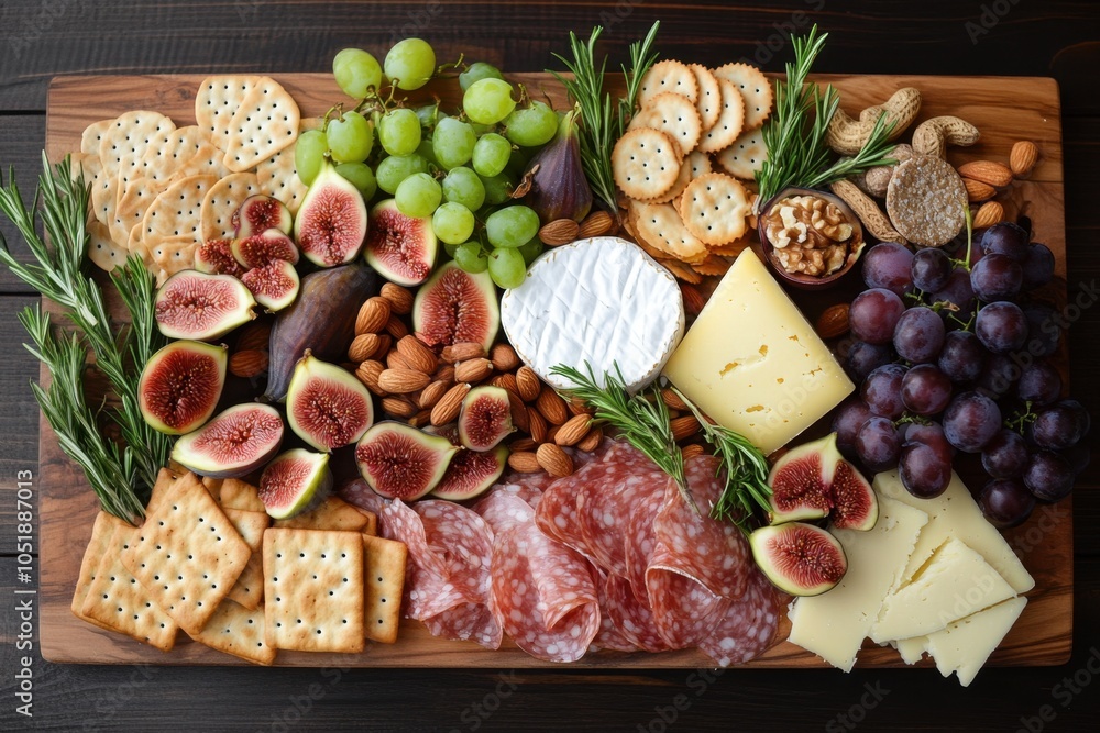 A top-down view of a gourmet cheese board filled with various cheeses, crackers, fresh figs, grapes, and nuts. The wooden board is artfully arranged to create a visually stunning presentation. A top-down view of a gourmet cheese board filled with various cheeses, crackers, fresh figs, grapes, and nuts. The wooden board is artfully arranged to create a visually stunning presentation.