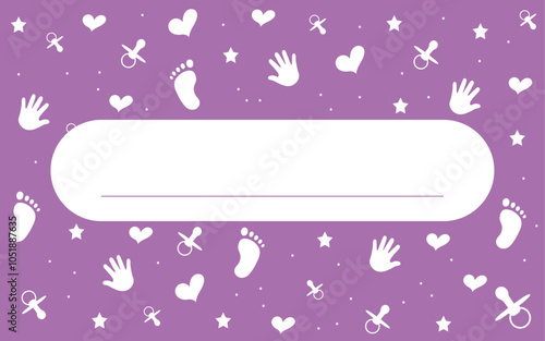 Baby vector background with text field. Handprint, footprint, soother, heart. Purple vector illustration.