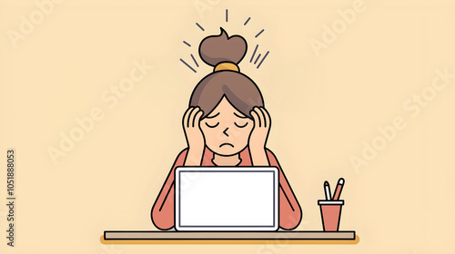 Girl Student stressed while using Laptop, school project, Flat vector illustration