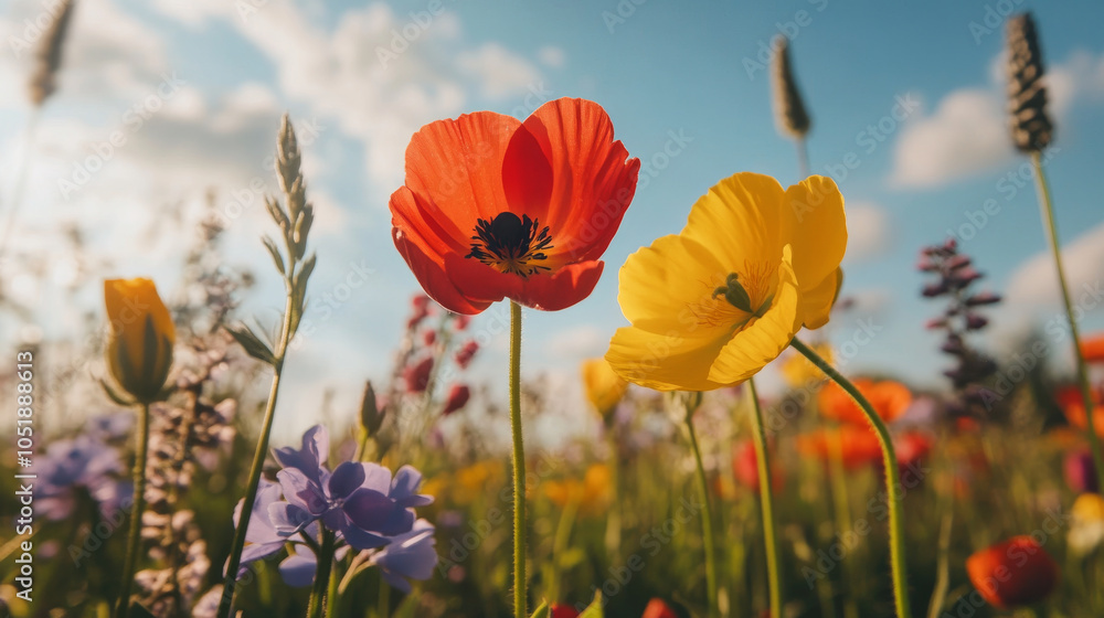 Obraz premium Vibrant flowers in sunny field showcase red, yellow, and purple hues, creating cheerful and lively atmosphere. beauty of nature is truly captivating
